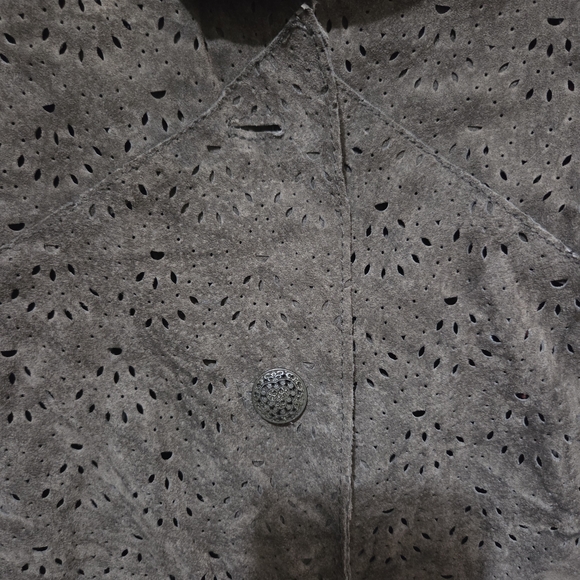 Coldwater Creek XL Brown Punched Leather Jacket With Flared Cuffs Ruffled Collar - Picture 6 of 10